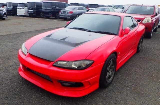 Nissan Silvia, GF-S15 Model, Red Sports Car, JDM Performance, Buying Used Nissan, Japan Car Auctions, Silvia Tuning Parts, Importing Sports Cars, Nissan Silvia Hood Vent, Japan Car Direct